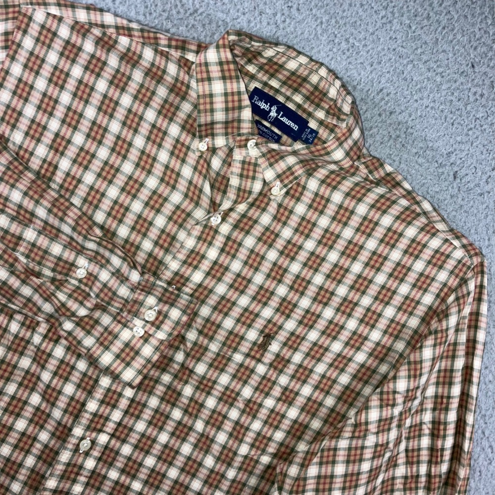Ralph Lauren Button Down Men 2XL 16 34/35 Yarmouth Plaid Neutral Green Brown L/S